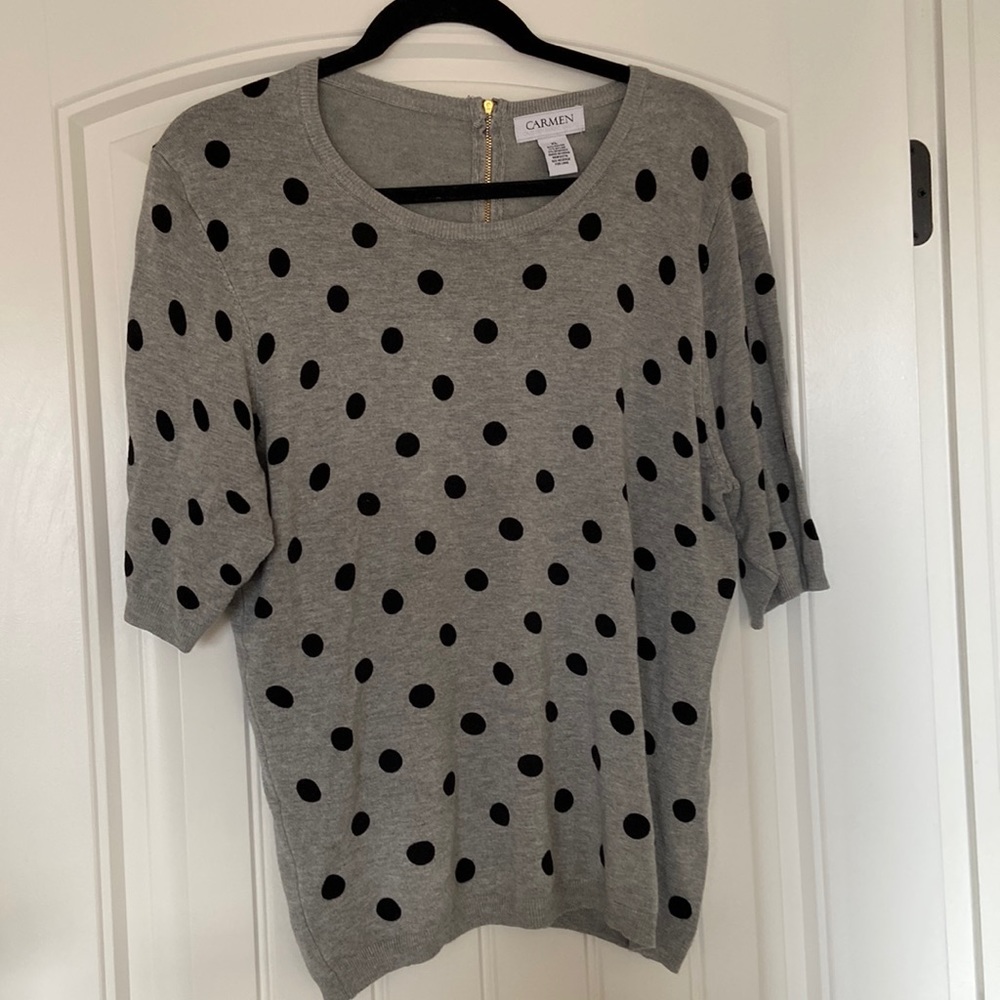 Carmen Marc Valvo polka dot zip back short sleeved sweater size XL